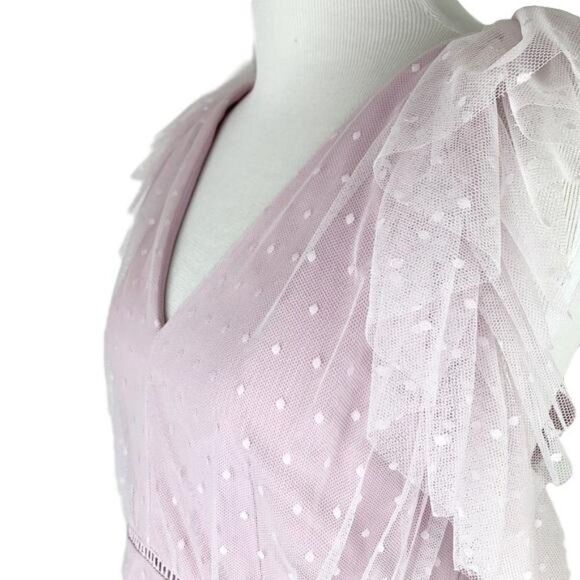 Gianni Bini Tulle Overlay Dress ~ Plunge V-Neck ~ Ruffle Trim ~ Open Back ~ NEW - Picture 3 of 6